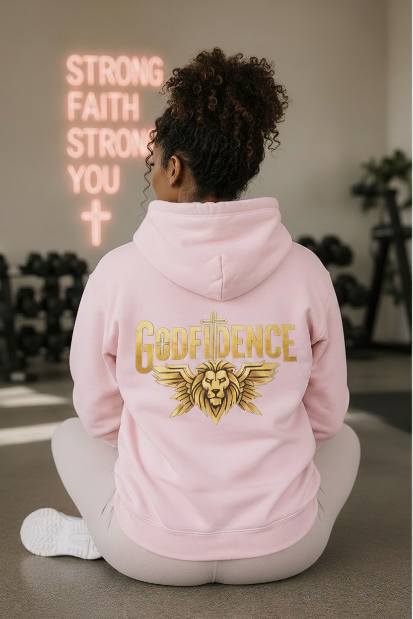 Godfidence Pink Hoodie - Seated Rear with Correct Logo