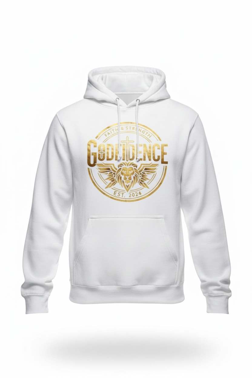 White Godfidence Hoodie Circle Logo – matched size product photo