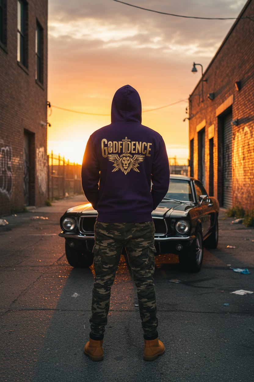 Purple Godfidence Hoodie - Rear Sunset Lifestyle